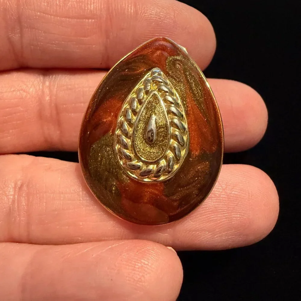 VTG pear shape enamel clip on earrings rust gold Made USA glittery 1.25